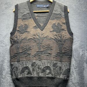 Vintage Wool Vest Mens Medium Gray Sweater Old Money Deer Duck Fishing 90s Y2K